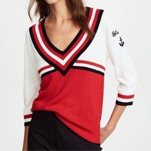 Scotch & Soda Red Black White Color-Block V-Neck Varsity Sweater | XL